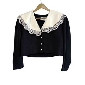 Vintage Jeffrey & Dara 13/14 Black White Lace Trim Victorian Jacket Old Money